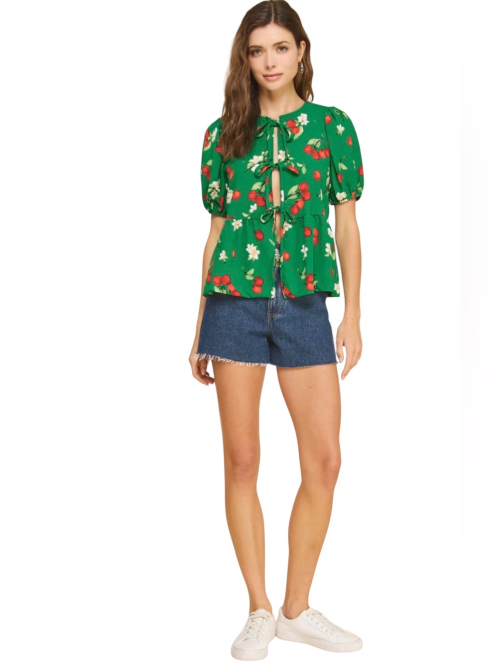 New If She Loves Green & Red Cherry White Flower Peplum Tie Front Pinup Shirt